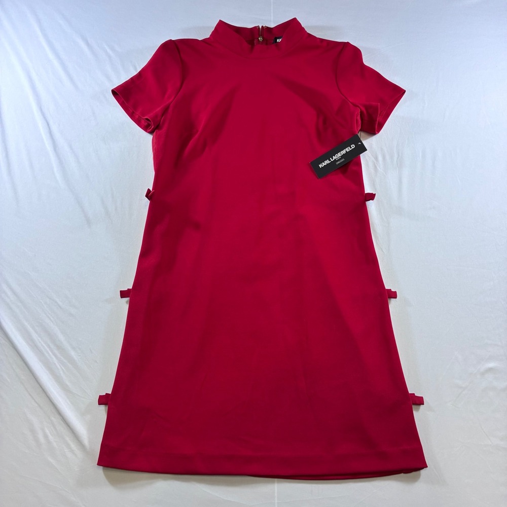 Karl Lagerfeld Paris Red Mock Neck Bow Side Shift Dress LD4ICC23 Size 8 NWT